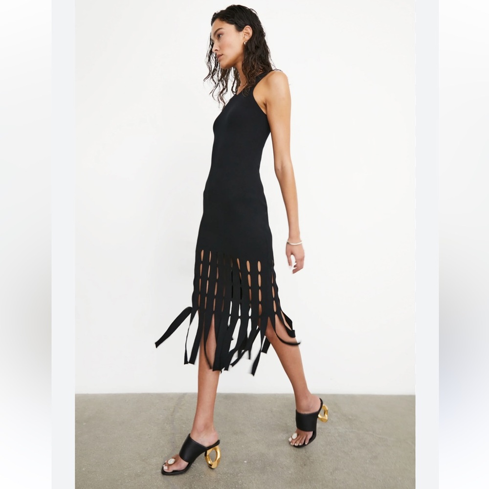 NWT Rails Kaia Fringe Tassel Knit Bodycon Black Midi Dress - S